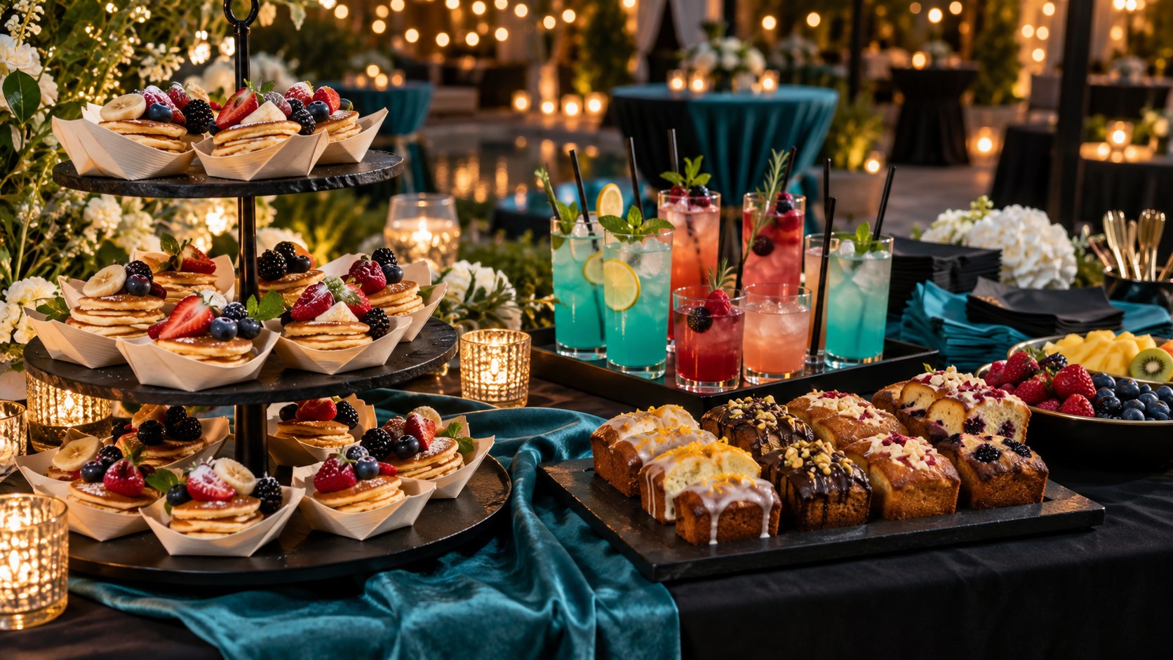 Mini pancakes, cakes and colorful mocktails arranged at an elegant event station